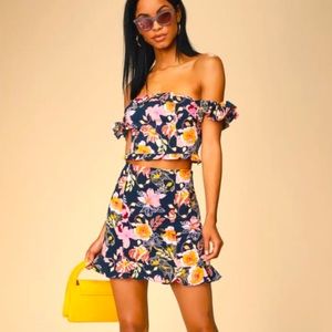 Lulu’s Aura Navy Blue Floral Print Satin Mini Skirt